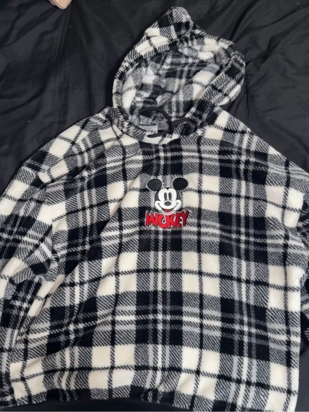 Disney Mickey Mouse Black and White Plaid Fleece Hoodie. Size Large